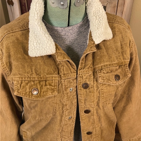 Vintage Y2K Faded Grunge Tan Cotton Corduroy Jacket Sherpa lining Streetwear - Picture 6 of 13